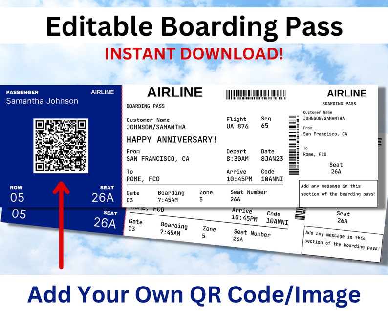 Editable Boarding Pass Ticket Template. Printable Airline Ticket, Canva