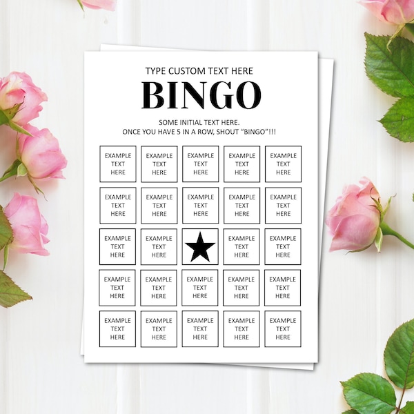 Aangepaste bingokaarten, 25 unieke kaarten, belkaart, voeg uw eigen tekst toe, kaarten automatisch invullen, Instant Download pdf, aangepast spel