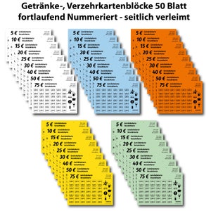 Getränke-Verzehrkartenblock - Personalisiert - 140x100 mm - 50 Blatt - 5 Farben wählbar - 9 Werte wählbar