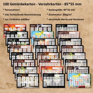 100 Verzehrkarten - Getränkekarten - Personalisiert - 85x55 mm - 14 Motive wählbar - mit fortlaufende Nummerierung