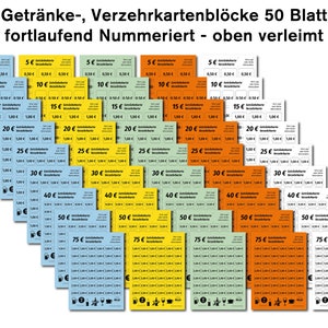Getränke-Verzehrkartenblock - Personalisiert - 140x100 mm - 50 Blatt - 5 Farben wählbar - 9 Werte wählbar