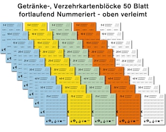 Getränke-Verzehrkartenblock - Personalisiert - 140x100 mm - 50 Blatt - 5 Farben wählbar - 9 Werte wählbar