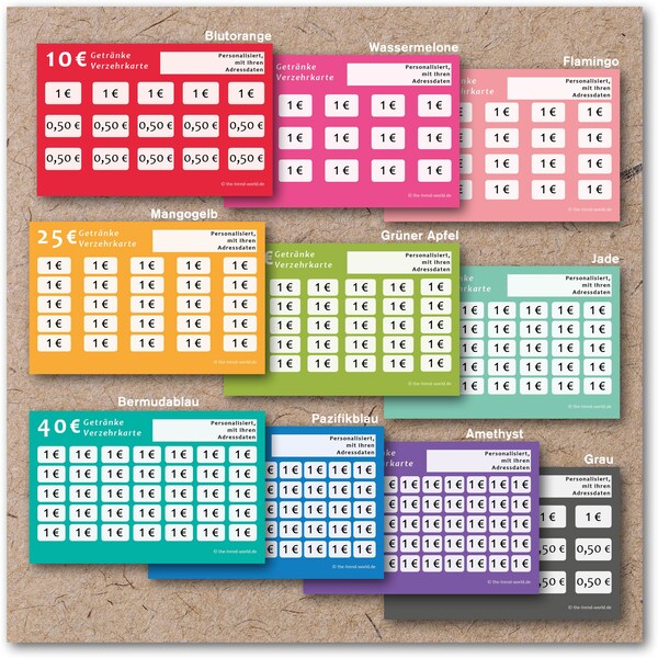 100 Verzehrkarte - Getränkekarte - Personalisiert - 85x55 mm - 10 Farben wählbar