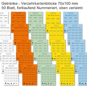 Getränke-Verzehrkartenblock - Personalisiert - 70x100 mm - 50 Blatt - 5 Farben wählbar - Werte und Versionen  wählbar oder Wunschwert