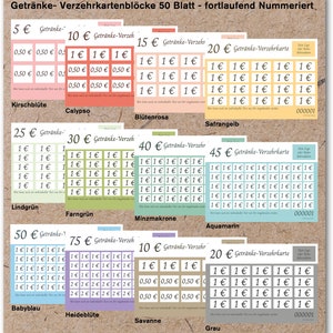 Getränke-Verzehrkartenblock - Personalisiert - 140x100 mm - 50 Blatt - 12 Farben wählbar - 11 Werte wählbar