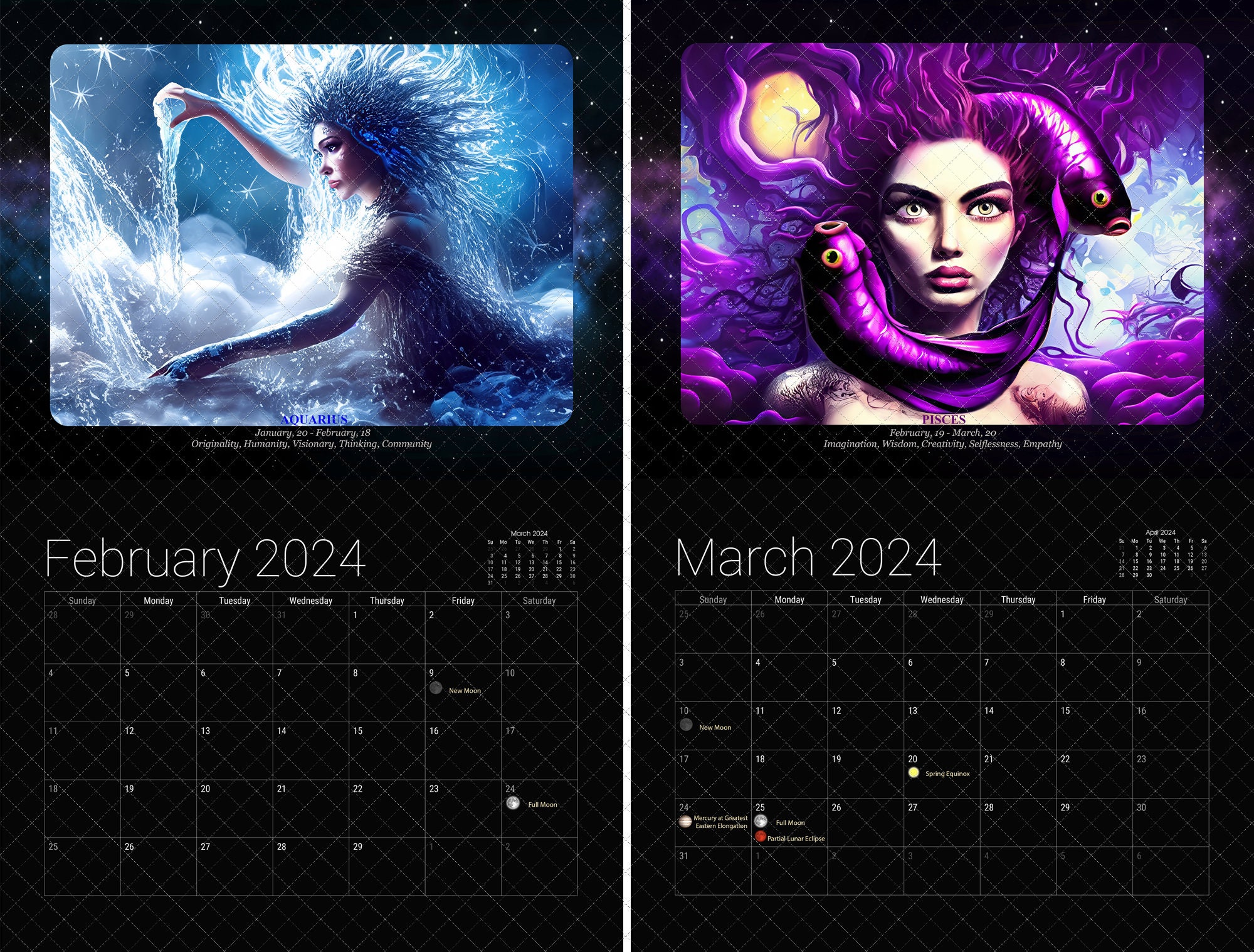 2024 Zodiac Calendar 12 Months Zodiac Goddesses Calendar Astrological