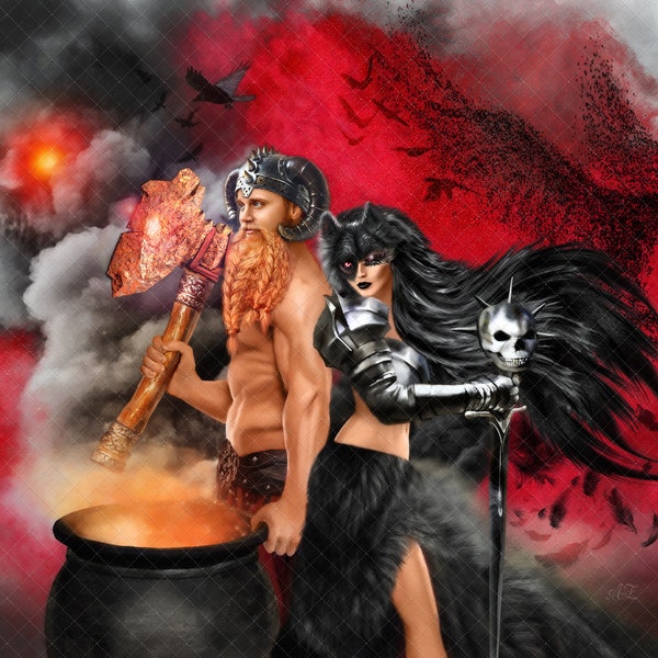 Dagda and Morrigan Fine Art print Samhain Celtic God and Goddess art Sabbat Pagan Wall Art