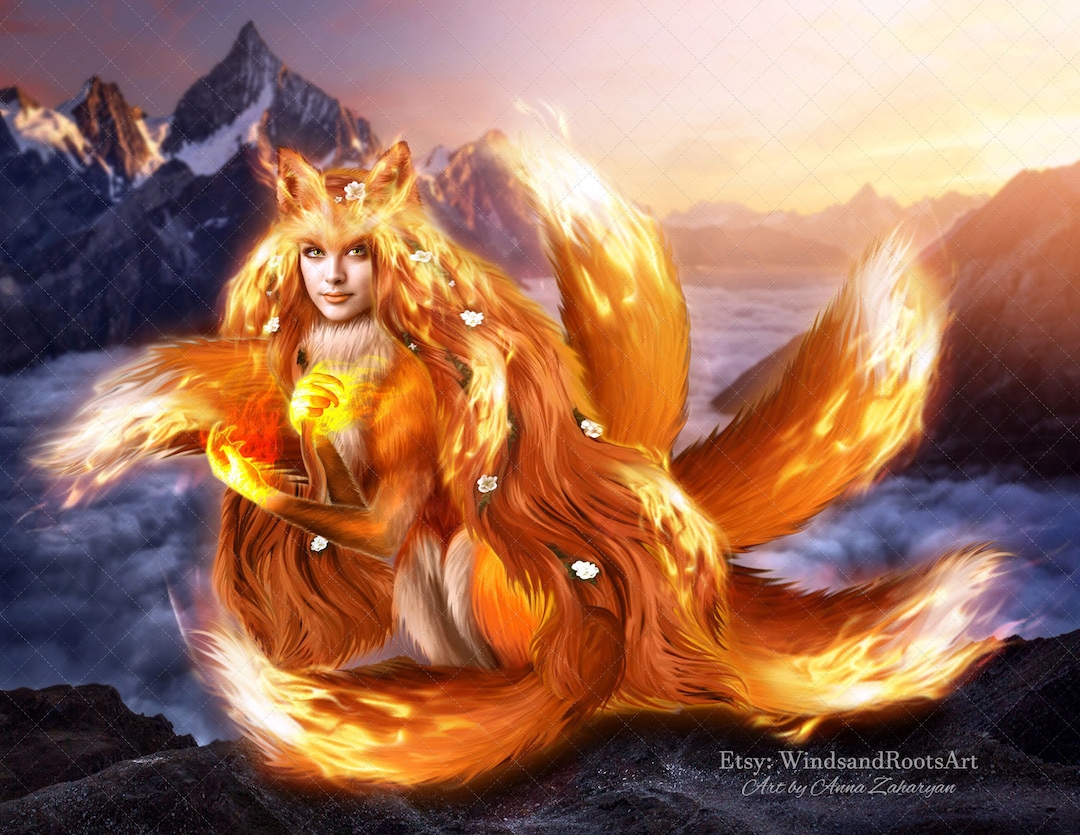 Kitsune Fine Art Print Japanese Mythology Witch Art Fire Elemental 