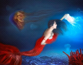 Mermaid Fine Art Print Water Spirit Elemental Fantasy Wall Art Underwater art