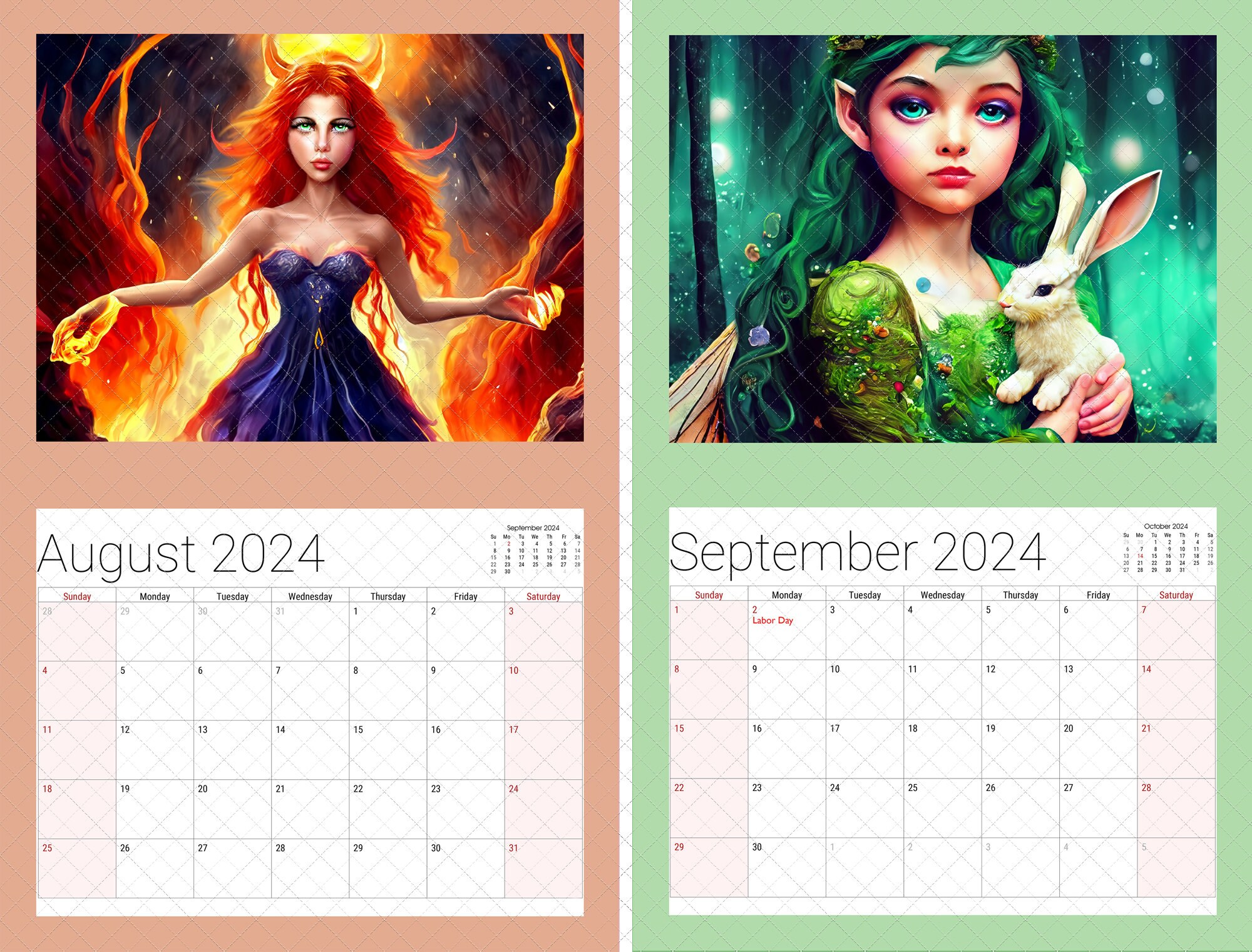 2024 Elemental Fairies Calendar 12 Months Fire Air Water Earth