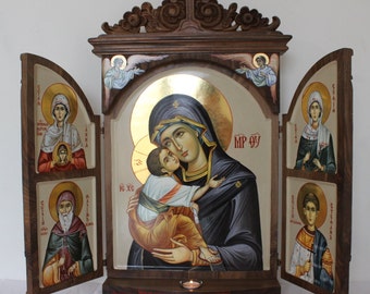 Handmade Iconostasis whith Saints patrons of family members, handpainted icons, Family icon, orthodox family iconostasis, Saints template