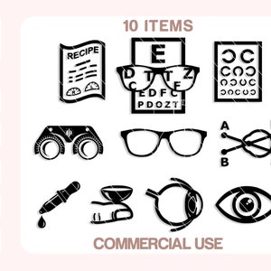 Könnte beinhalten: Ein Satz von 10 Schwarzweiß-Vektorillustrationen zum Thema Augenpflege. Die Illustrationen beinhalten einen Sehtest, Brillen, ein Auge, eine Pipette, eine Lupe und mehr.