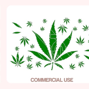 May include: Green cannabis leaf design with multiple smaller leaves scattered around a large central leaf. The image includes the text "COMMERCIAL USE" and file type options: SVG, DXF, EPS, PDF, and PNG.