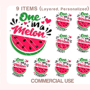 Peut inclure: Neuf fichiers de découpe SVG superposés et personnalisés représentant une pastèque avec le texte "One in a Melon" et différents titres de membres de la famille, notamment Sœur, Frère, Maman, Papa, Grand-père, Grand-mère, Oncle et Tante.