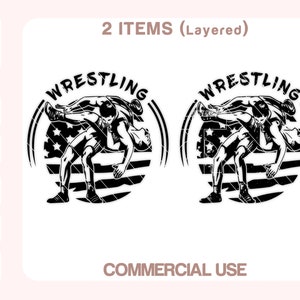 Peut inclure: Illustration en noir et blanc de deux lutteurs en plein match de lutte. Les lutteurs sont dans un cercle avec le mot "WRESTLING" écrit autour de l'extérieur. Le cercle est sur un fond de drapeau américain.