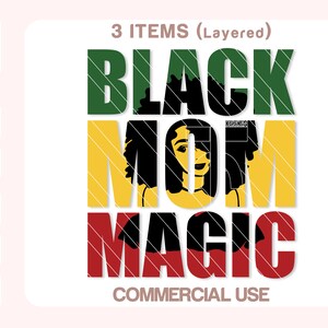 May include: Black Mom Magic text graphic in green, yellow, and red with a black silhouette of a woman's face in the middle. The text is layered and has a striped pattern.