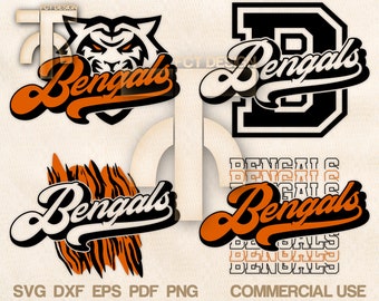 May include: Four different designs of the word "Bengals" in black and orange. The first design features a tiger head with the word "Bengals" in a curved script. The second design features a black letter "D" with the word "Bengals" in a curved script. The third design features the word "Bengals" in a curved script on a striped orange and black background. The fourth design features the word "Bengals" repeated four times in black and orange.