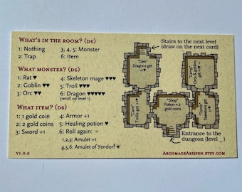 May include: A brown card with a dungeon map and text that reads "What's in the room? (d6)" and "What monster? (d6)" and "What item? (d6)". The map shows a dungeon with rooms labelled "Den", "Cave", "Shop", "Camp", and "Tomb".