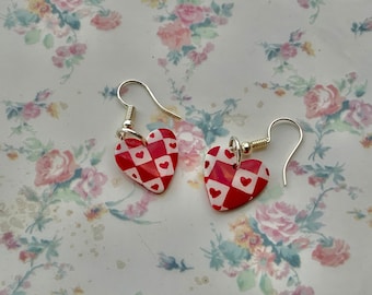 Checker print clay heart earrings <3