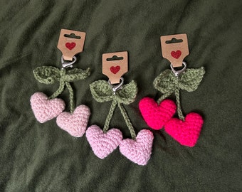 Crochet Heart Cherry Keychains