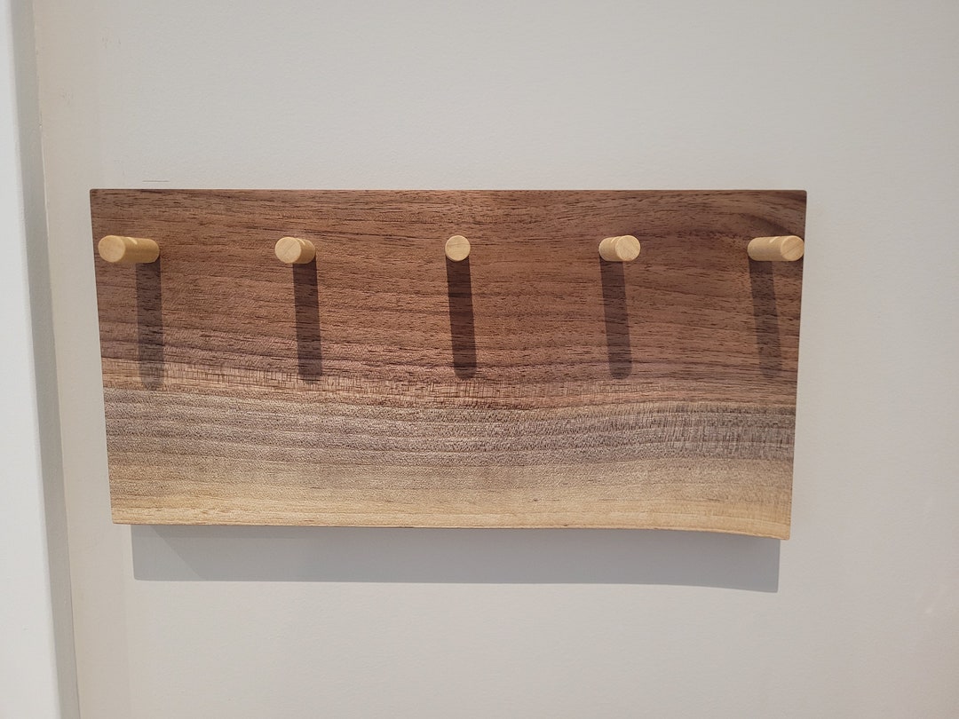 Walnut Wooden Key Holder Board With Live Edge and Wood Pegs Etsy