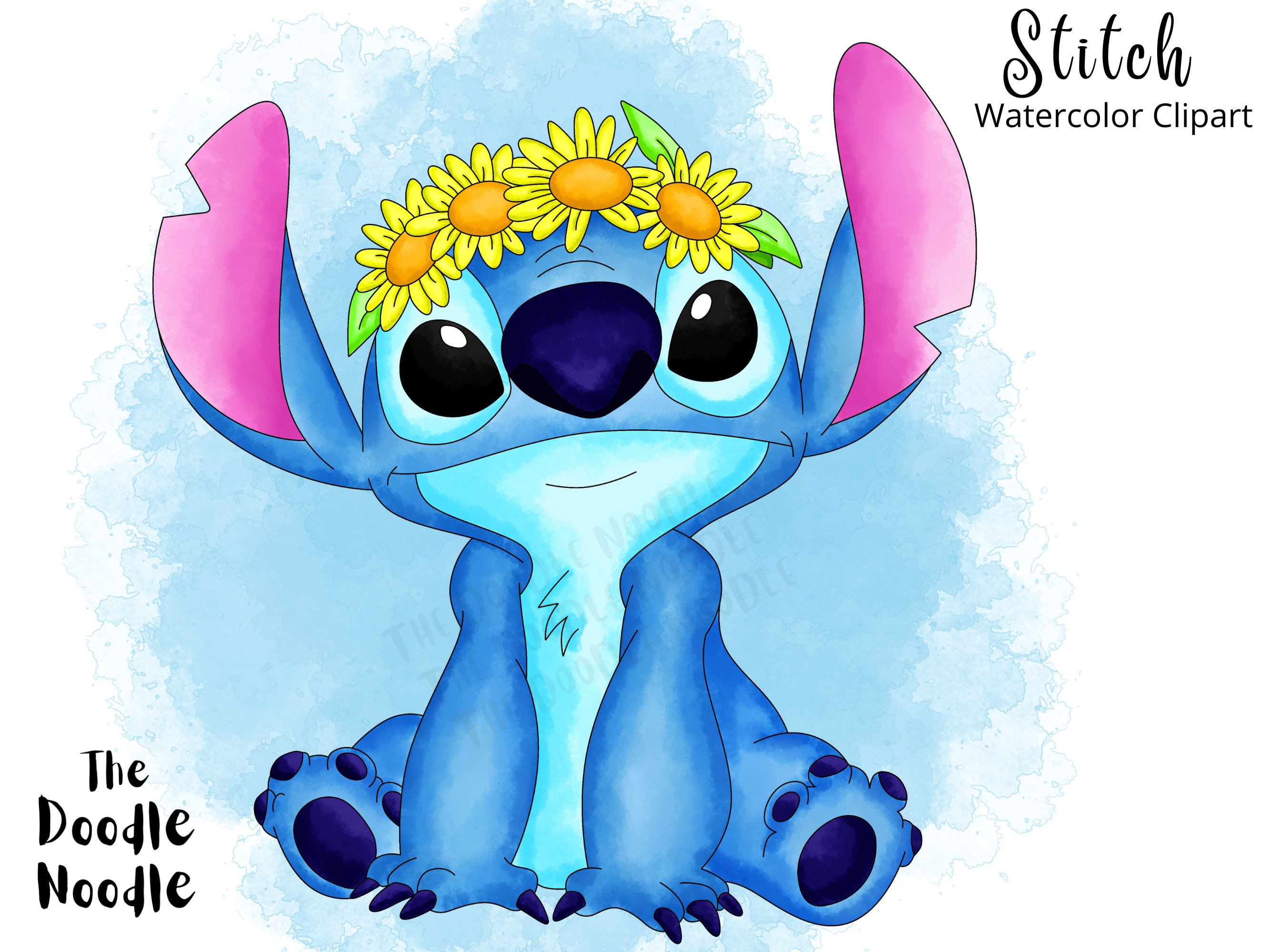 Stitch With Flowers Hand Drawn Watercolor Clipart Cute - Etsy Hong ...