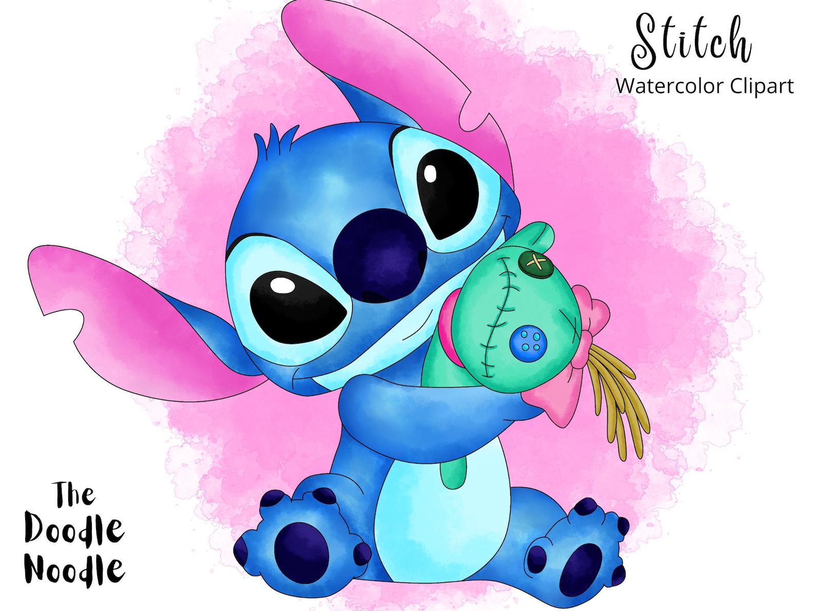 Stitch With Doll Hand Drawn Watercolor Clipart Cute Cartoon - Etsy