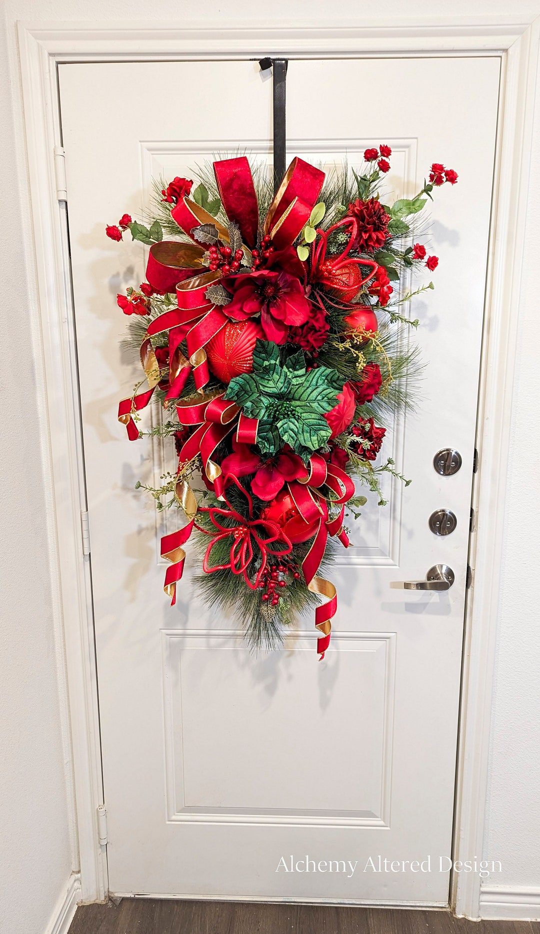 Red and Green Magnolia Holiday Swag Set for Mantel, Large Double Door Swags, Rustic Christmas