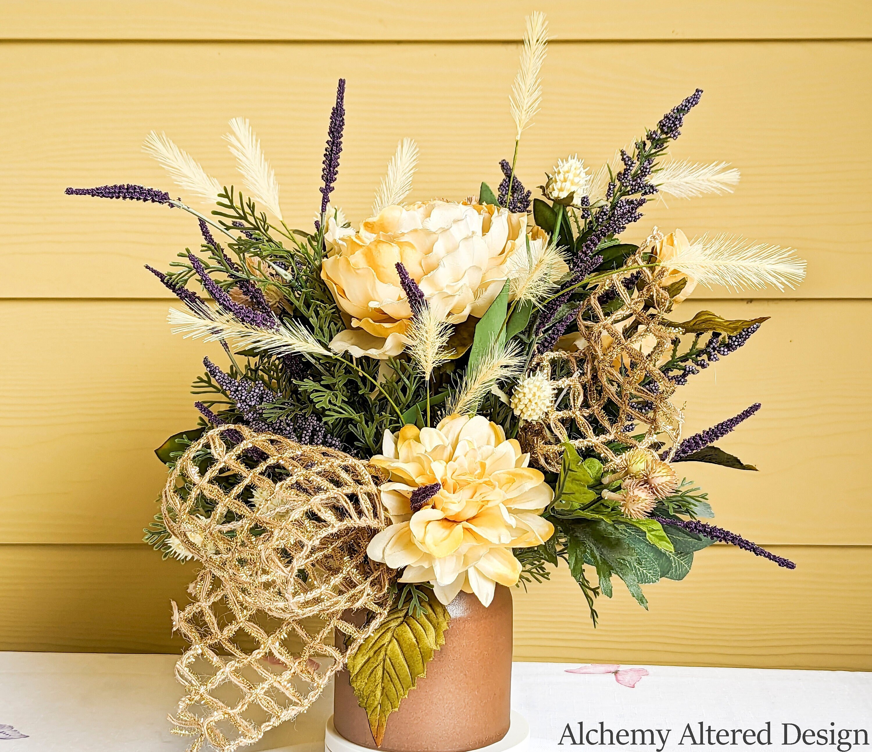 Yellow and Violet Summer Centerpiece Spring Peony and Rose Arrangement Violet Mothers Day gift Host Gift Event Decor