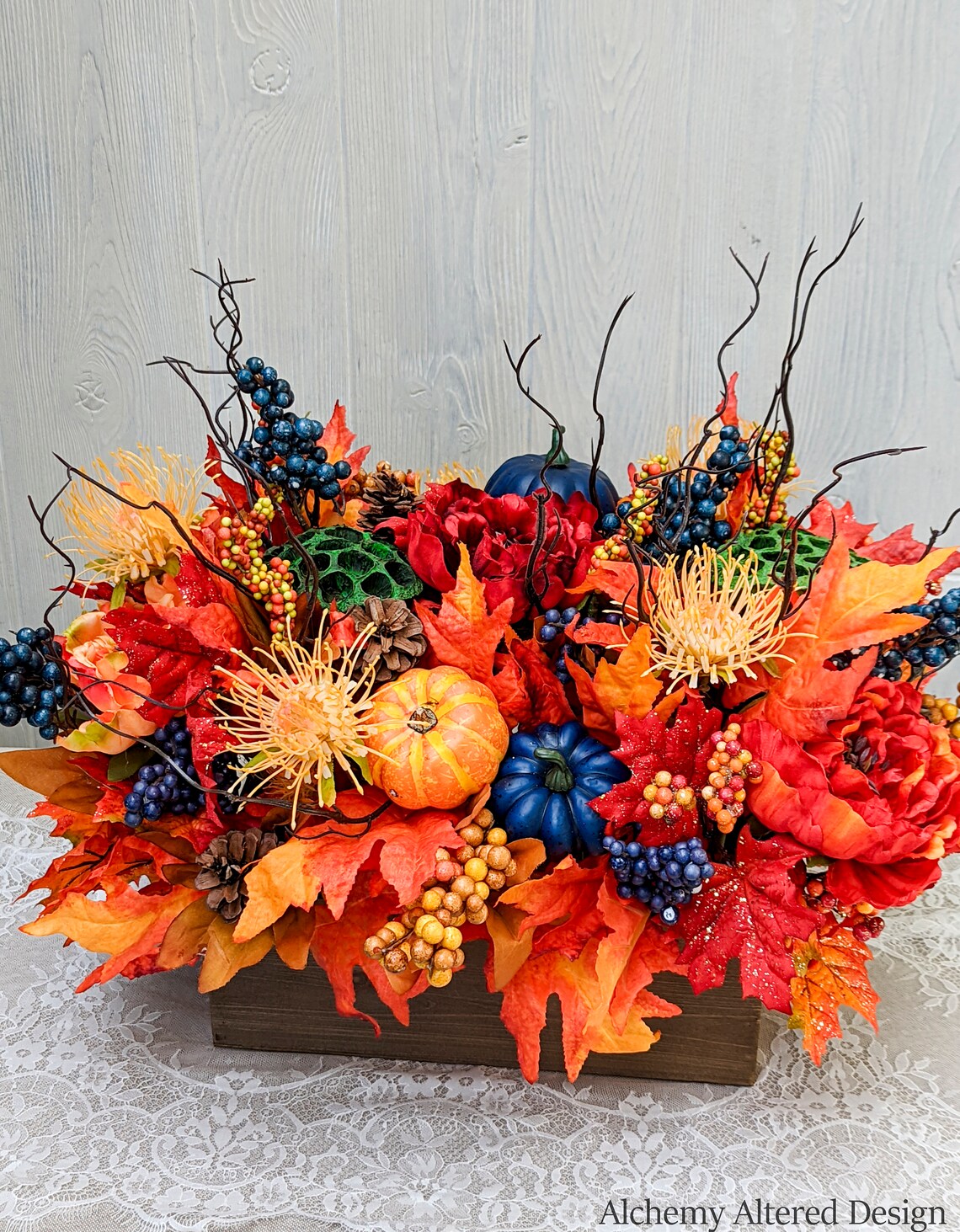 Blue and Orange Fall Centerpiece Blue Pumpkin Table Decor Etsy