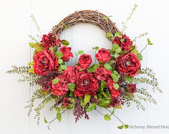 Red Rose & Peony Front Door Wreath: Valentine's Day Floral Decor (31"x24")
