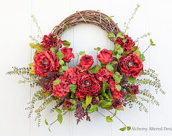 Red Spring Peony and Rose Garden Front door Wreath, Dahlia and Hydrangea Valentines Wreath, Romantic Summer Wreath, Seasonal Wreath