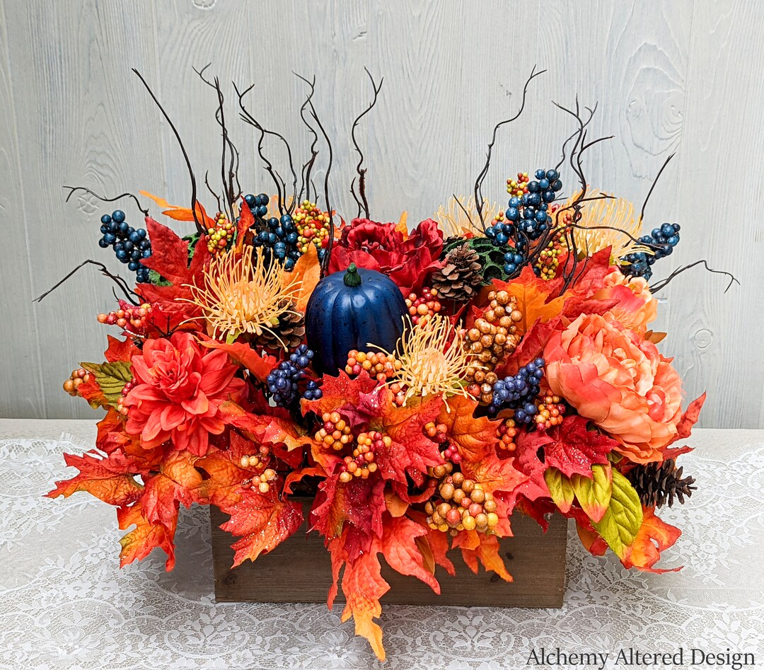 Blue and Orange Fall Centerpiece Blue Pumpkin Table Decor Etsy