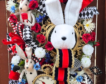 Spring Wonderland Wreath, Bunny Easter Swag, Alice Front Door Decor, Tea Party Mantel Hanger, Valentine's Event, Rabbit Event props