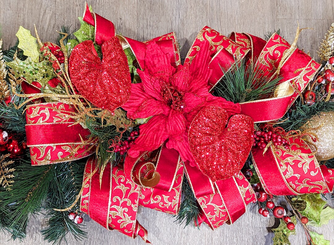 Red and Gold Christmas Mantel Garland, Red Anthurium Door Garland, Red
