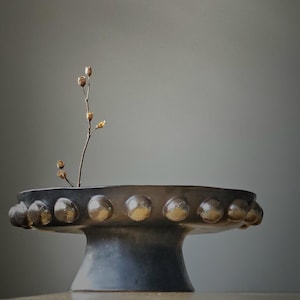 May include: A black ceramic pedestal bowl with a wide, round base and a rim decorated with gold-coloured dots. The bowl is empty, but a small branch with dried flowers is placed next to it.