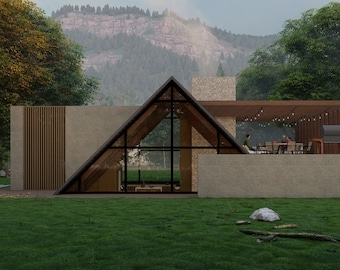 Planos de Cabañas Modernas / 150m2 / Diseño Arquitectónico / Dibujos Renders / 2 Dormitorios 2 Baños / Diseño de Interiores / Cotage / Casa Contemporánea de Lujo