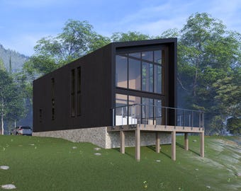 Planos de cabaña moderna de 3 habitaciones: Diseño arquitectónico de 1295 pies cuadrados (Descarga digital)