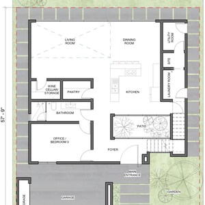 Puede incluir: Plano arquitect&oacute;nico de planta baja etiquetado como "Main Floor" con nombres de habitaciones como Living Room, Dining Room, Kitchen y Garage. Dimensiones: 17,6 m x 14,9 m. Cuenta con patio, jard&iacute;n y zona de almacenamiento. Incluye bodega, despensa y ba&ntilde;o.