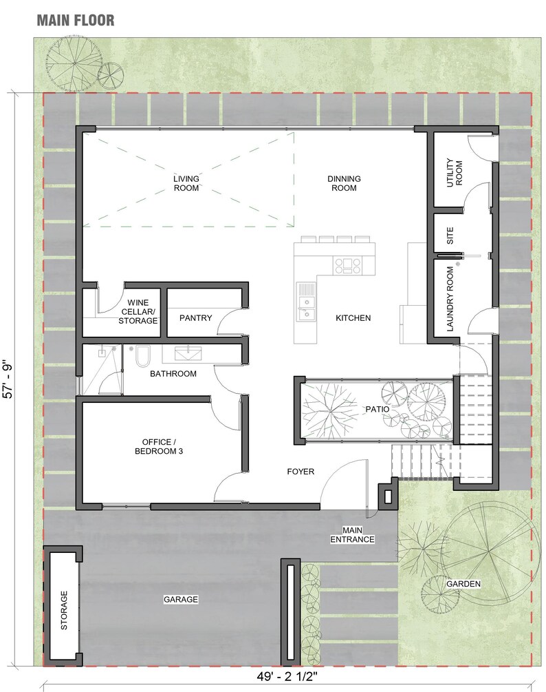 Puede incluir: Plano arquitect&oacute;nico de planta baja etiquetado como "Main Floor" con nombres de habitaciones como Living Room, Dining Room, Kitchen y Garage. Dimensiones: 17,6 m x 14,9 m. Cuenta con patio, jard&iacute;n y zona de almacenamiento. Incluye bodega, despensa y ba&ntilde;o.