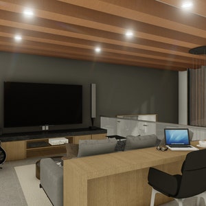 Puede incluir: Representaci&oacute;n de dise&ntilde;o de interiores de un espacio de vida moderno con un televisor de pantalla plana grande, una guitarra y un escritorio con una computadora port&aacute;til. La habitaci&oacute;n cuenta con vigas de madera en el techo y un sof&aacute; gris. Obras de arte cuelgan en la pared.
