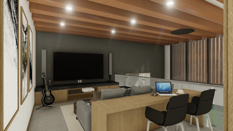 Puede incluir: Representaci&oacute;n de dise&ntilde;o de interiores de un espacio de vida moderno con un televisor de pantalla plana grande, una guitarra y un escritorio con una computadora port&aacute;til. La habitaci&oacute;n cuenta con vigas de madera en el techo y un sof&aacute; gris. Obras de arte cuelgan en la pared.