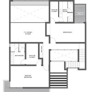 Puede incluir: Plano arquitect&oacute;nico en blanco y negro etiquetado como "SECOND FLOOR". Detalla habitaciones como una sala de televisi&oacute;n/estudio, dormitorio principal y dormitorio 2. Incluye balcones, ba&ntilde;os y vestidores, junto con una escalera y una zona ajardinada.