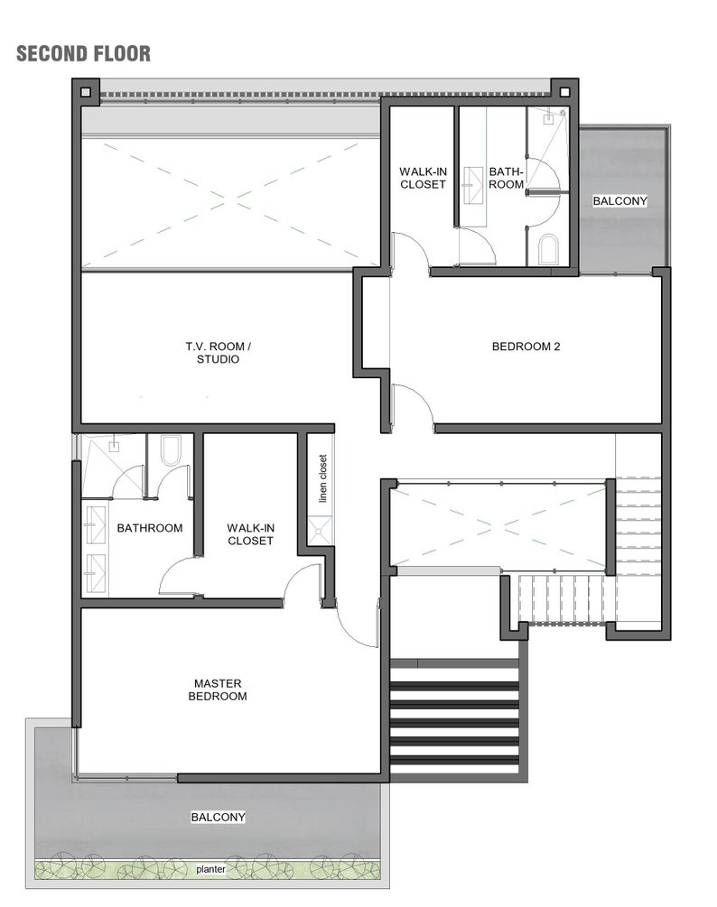 Puede incluir: Plano arquitect&oacute;nico en blanco y negro etiquetado como "SECOND FLOOR". Detalla habitaciones como una sala de televisi&oacute;n/estudio, dormitorio principal y dormitorio 2. Incluye balcones, ba&ntilde;os y vestidores, junto con una escalera y una zona ajardinada.