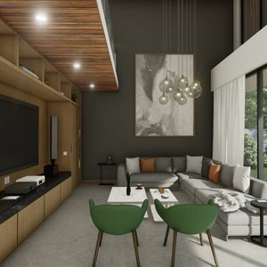 Puede incluir: Un sal&oacute;n moderno con un sof&aacute; seccional gris, dos sillas verdes y una gran pintura abstracta. La habitaci&oacute;n cuenta con un mueble de entretenimiento empotrado con un televisor grande y paneles de madera. Grandes ventanales ofrecen vistas al exterior.