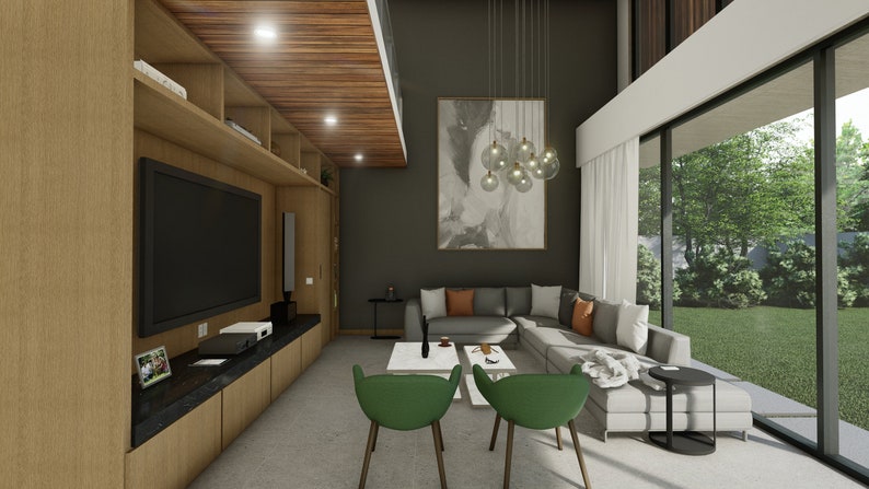 Puede incluir: Un sal&oacute;n moderno con un sof&aacute; seccional gris, dos sillas verdes y una gran pintura abstracta. La habitaci&oacute;n cuenta con un mueble de entretenimiento empotrado con un televisor grande y paneles de madera. Grandes ventanales ofrecen vistas al exterior.