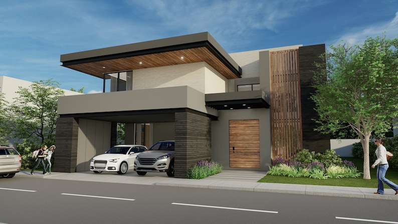 Puede incluir: Casa moderna de dos pisos con techo plano, detalles en madera y cochera. El exterior presenta una combinaci&oacute;n de elementos gris claro y gris oscuro, con una puerta de entrada de madera y una pantalla de listones de madera. Dos coches est&aacute;n aparcados en la cochera.