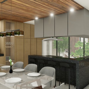 Puede incluir: Una moderna cocina y comedor con una mesa de comedor de cristal para seis personas. La cocina cuenta con una encimera de m&aacute;rmol negro, armarios grises y un techo de madera. Una gran ventana ofrece vistas a la vegetaci&oacute;n.