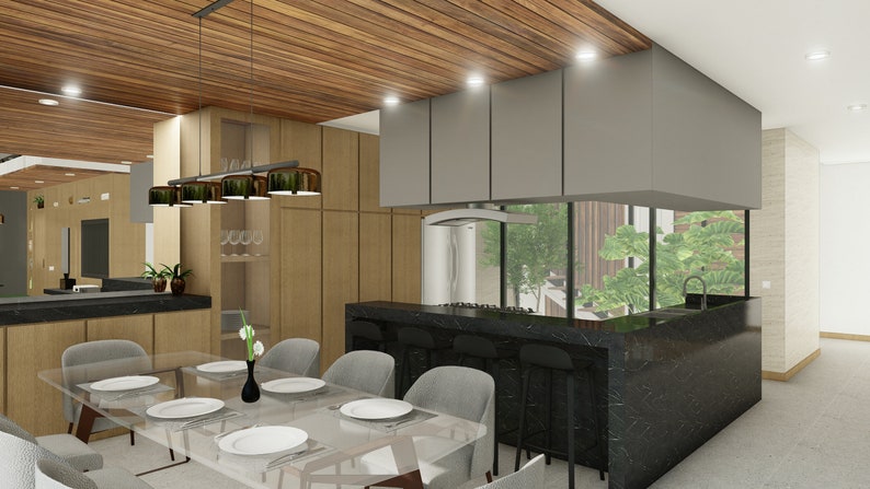 Puede incluir: Una moderna cocina y comedor con una mesa de comedor de cristal para seis personas. La cocina cuenta con una encimera de m&aacute;rmol negro, armarios grises y un techo de madera. Una gran ventana ofrece vistas a la vegetaci&oacute;n.