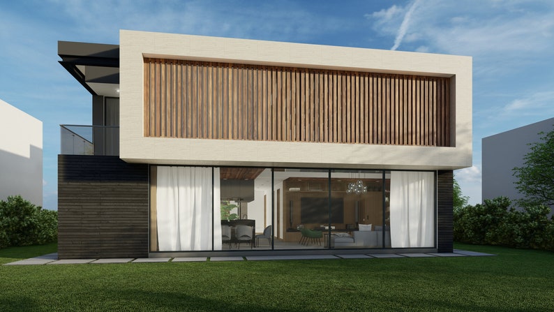 Puede incluir: Casa moderna de dos pisos con techo plano y grandes ventanales. El exterior presenta una fachada beige claro, detalles de listones de madera y paneles de madera oscura. Se ven cortinas blancas en el interior.